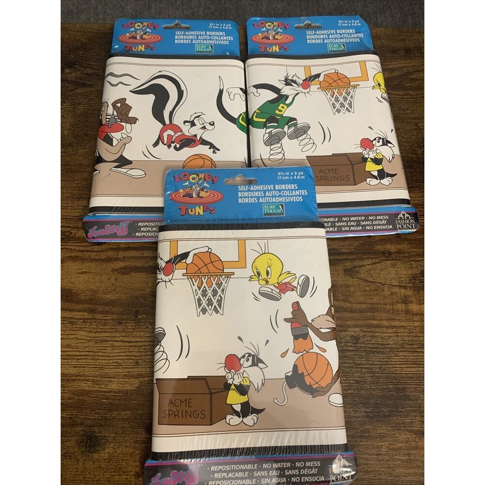 3x VTG Looney Tunes Sports Wallpaper Border NEW 15 Yards, 6.75” Tall ~BASKETBALL
